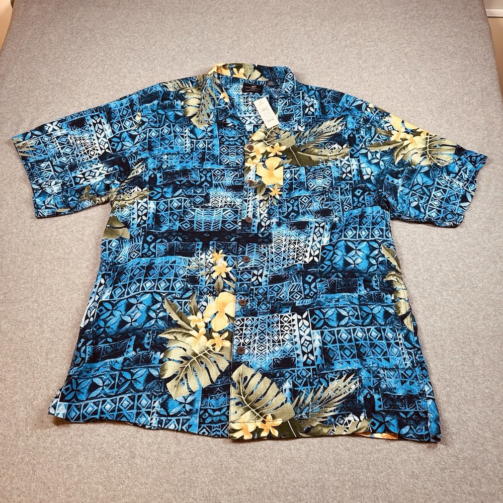 Caribbean Joe Rayon Hawaiian Aloha Shirt Mens 2XL Blue Tropical Floral Camp NWT